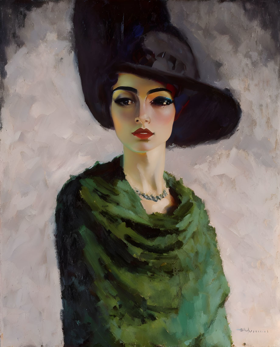 Portrait of woman with dramatic makeup and black hat in green shawl on abstract background