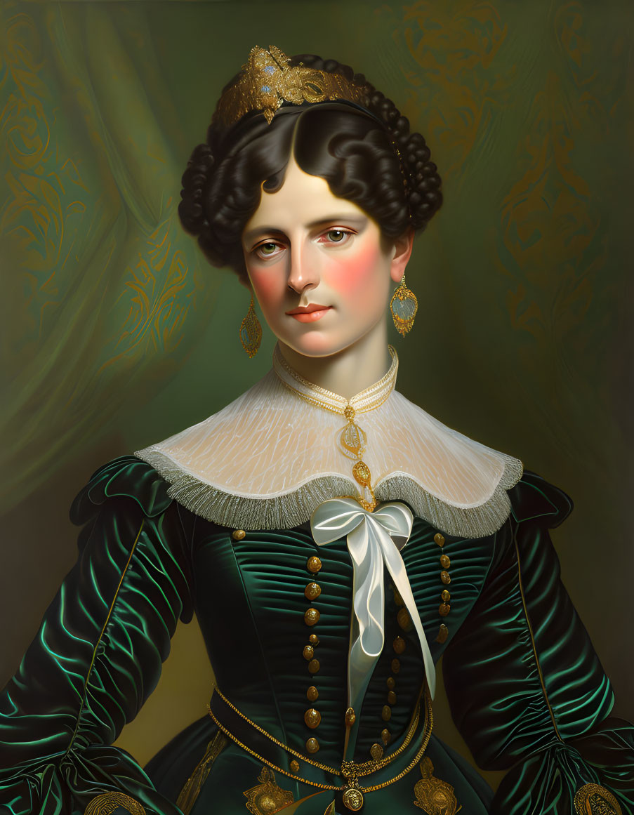 Historical lady in green dress with gold buttons and pearl jewelry on patterned background