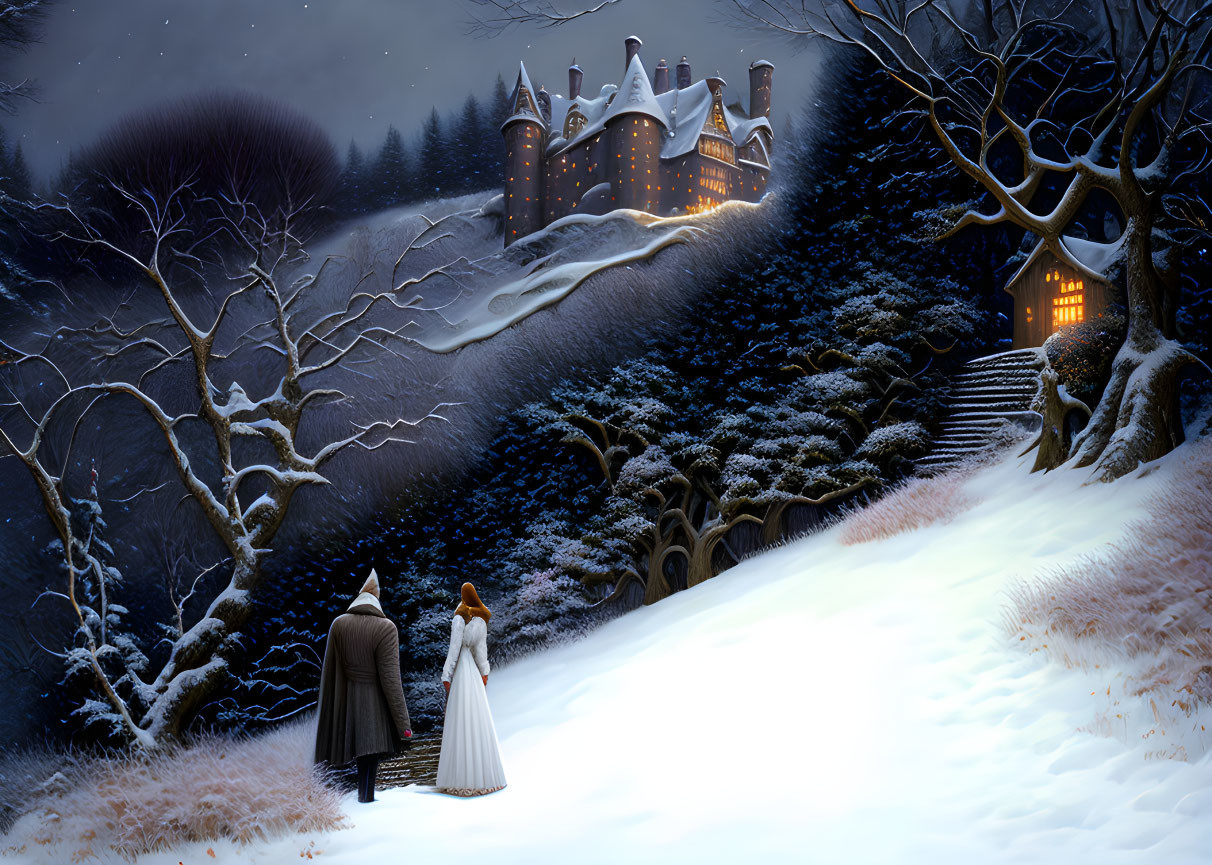 Couple admiring illuminated castle on snowy night surrounded by trees