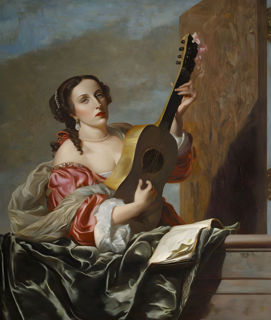 Woman with Guitar and Book in Flowing Dress: Musical Inspiration