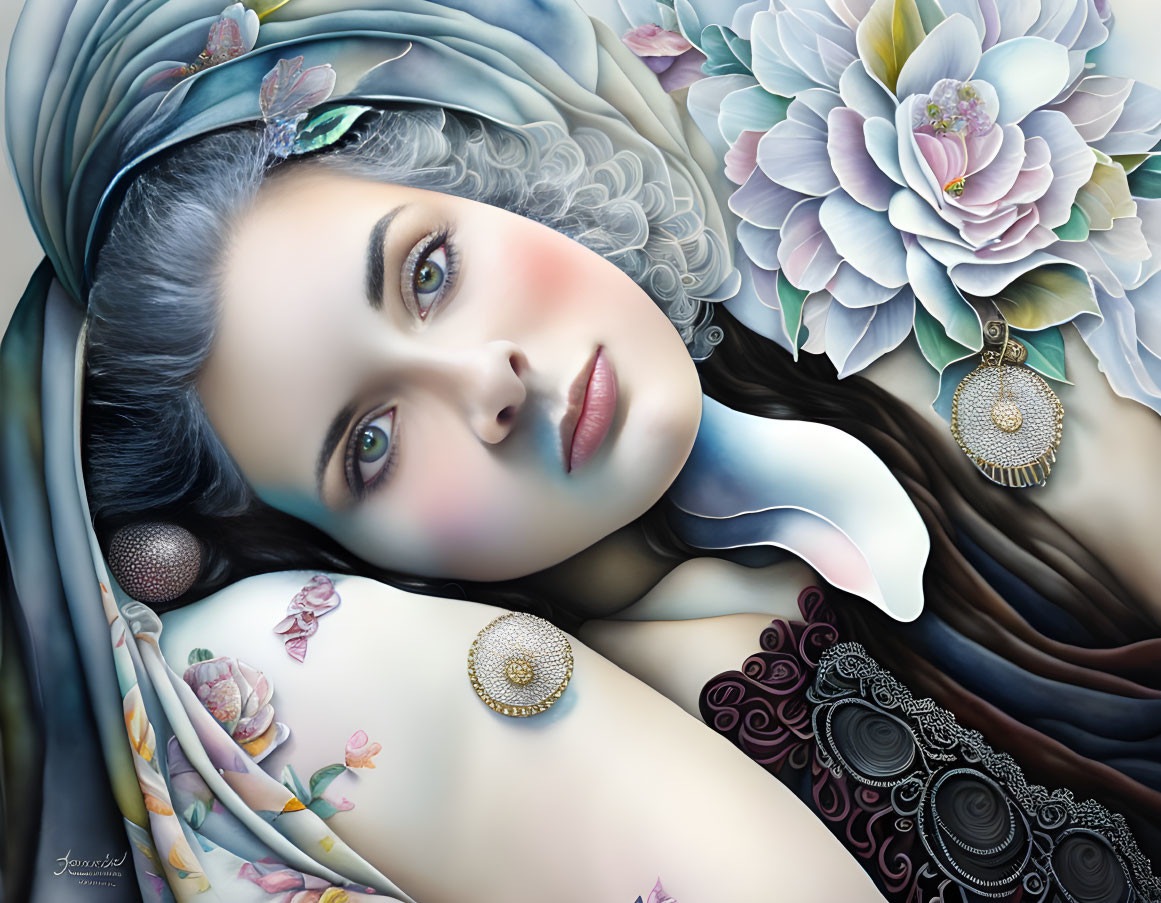 Detailed surreal portrait of a woman with floral embellishments and serene expression against white lotus backdrop