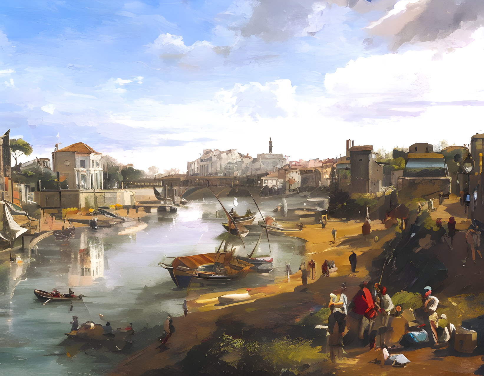 River scene with boats, trade activities, bridge, old-world architecture under bright sky