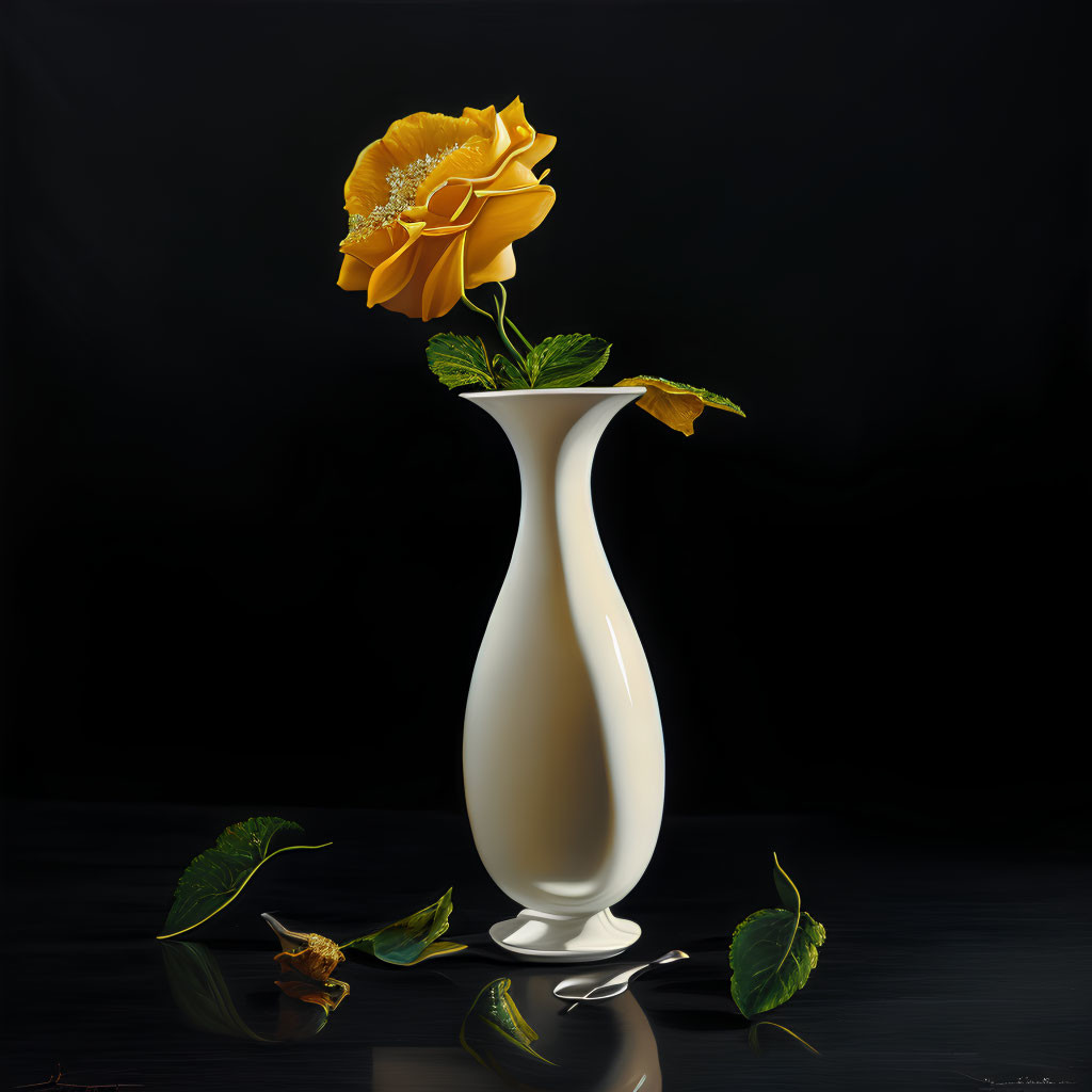 Yellow rose in white vase on black background with fallen petals and leaves