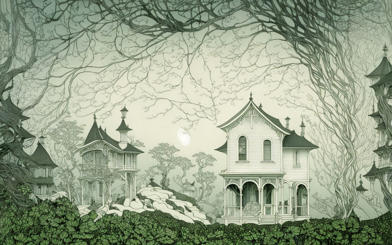 Detailed Victorian-era house illustration with intricate trees under moonlit sky