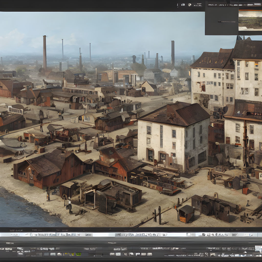 Industrial-era town digital art with smokestacks and dirt roads viewed from window