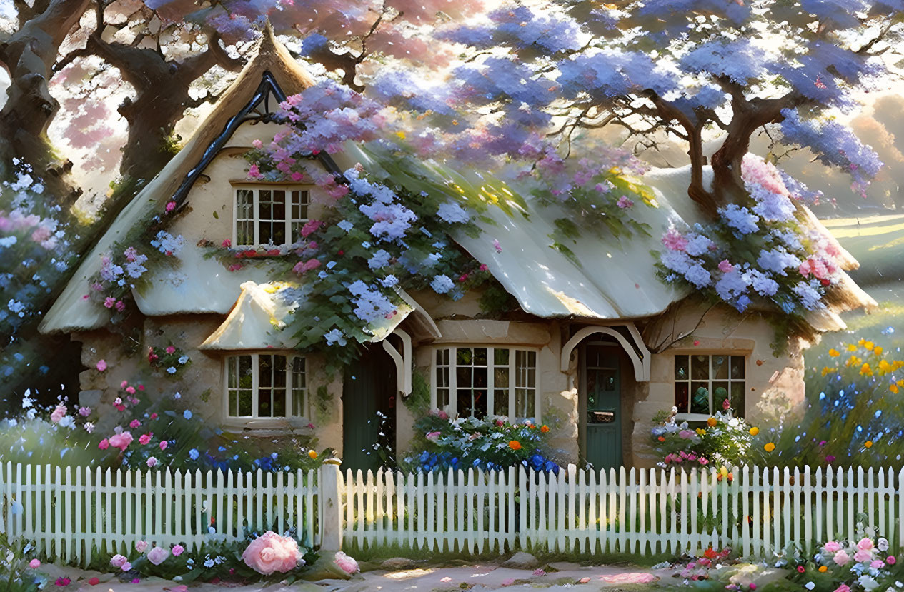 Charming cottage with blooming flowers, trees, and picket fence in sunlight