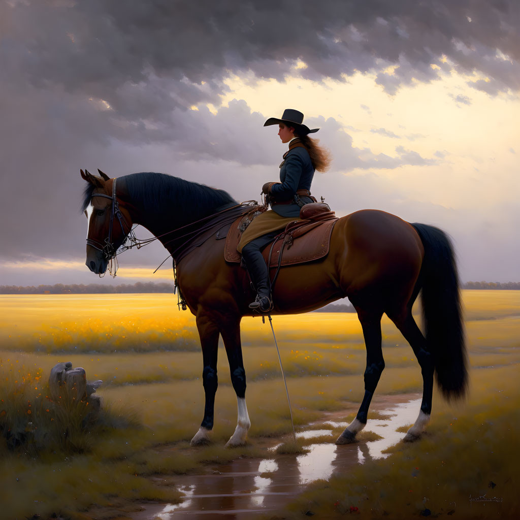 Cowgirl on Bay Horse in Serene Field at Dusk with Stormy Sky