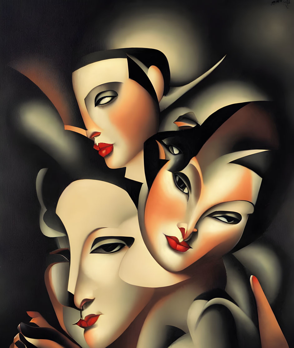 Abstract art: Stylized intertwined faces with sharp contours and contrasting colors.