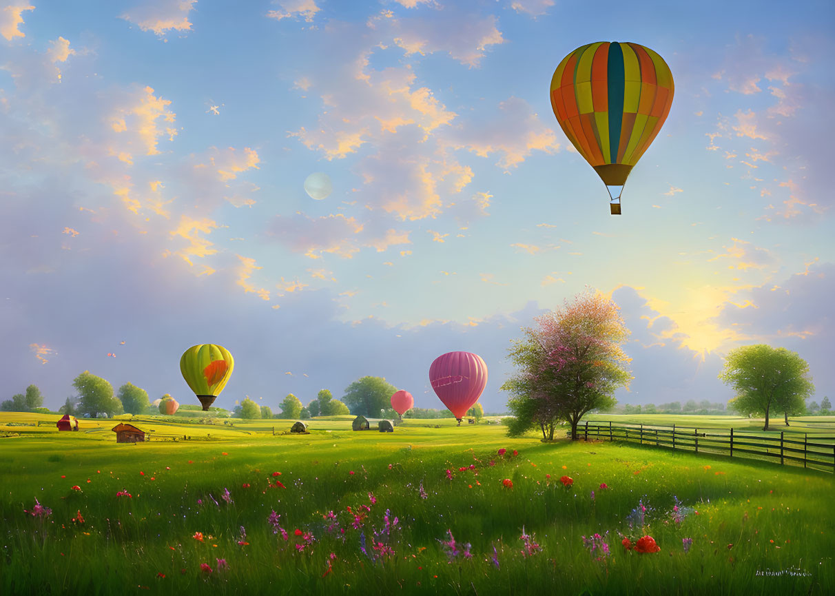 Tranquil landscape with hot air balloons over colorful meadow