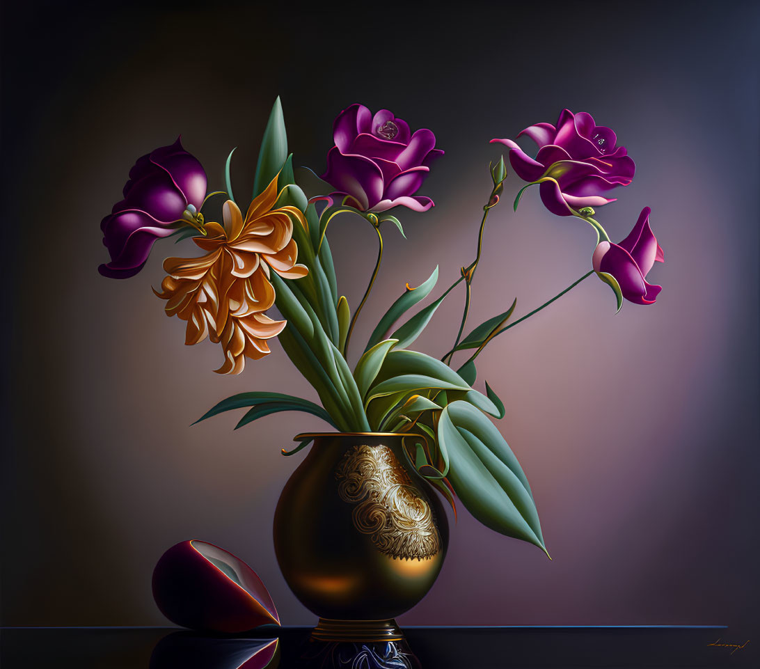 Colorful digital painting of vibrant flowers in ornate vase on moody backdrop