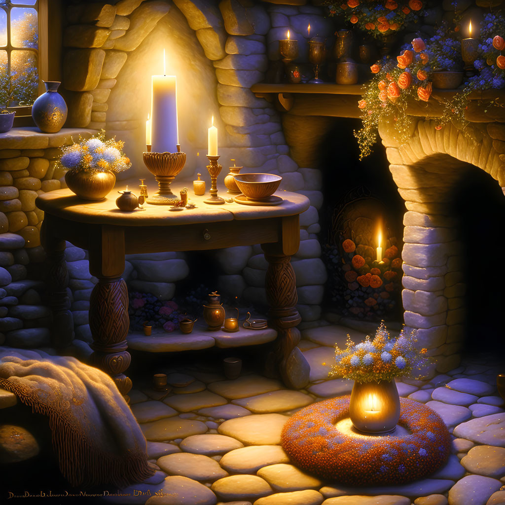Warm Stone Room with Candlelight, Table Decor, and Fireplace