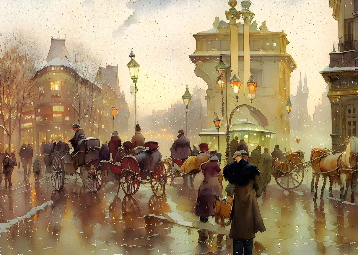 Vintage city street at dusk with horse-drawn carriages, pedestrians, and glowing street lamps in snow