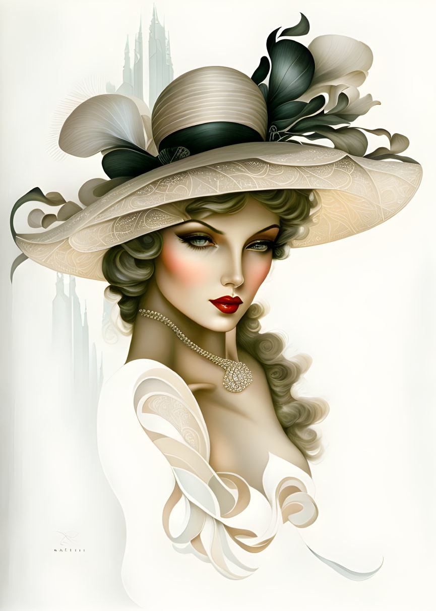 Stylized illustration of woman with green eyes in wide-brimmed hat and choker against architectural