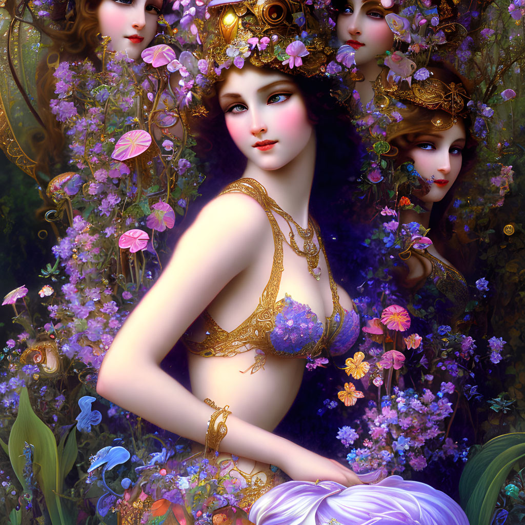 Fantasy Art: Woman with Ethereal Figures and Blooming Flowers