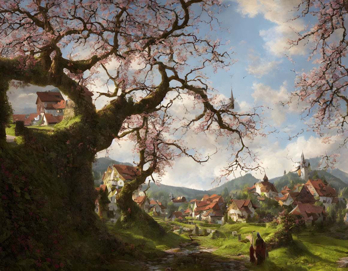 Scenic village with cherry trees, cottages, and rolling hills