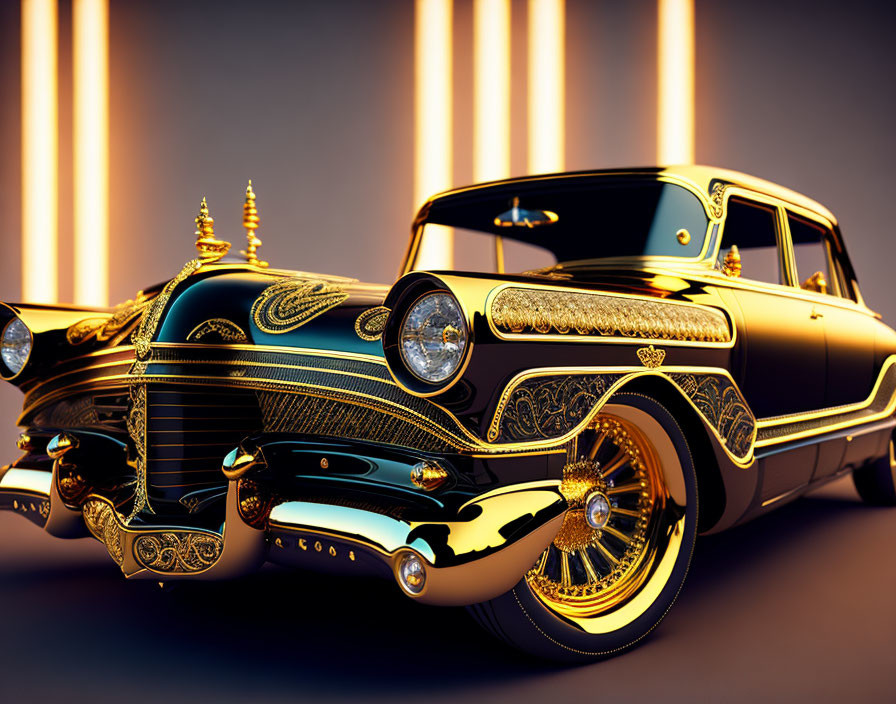 Vintage Car with Gold Detailing on Black Body Against Warm Background