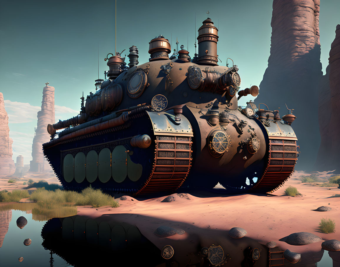 Futuristic steampunk tank in desert with water feature