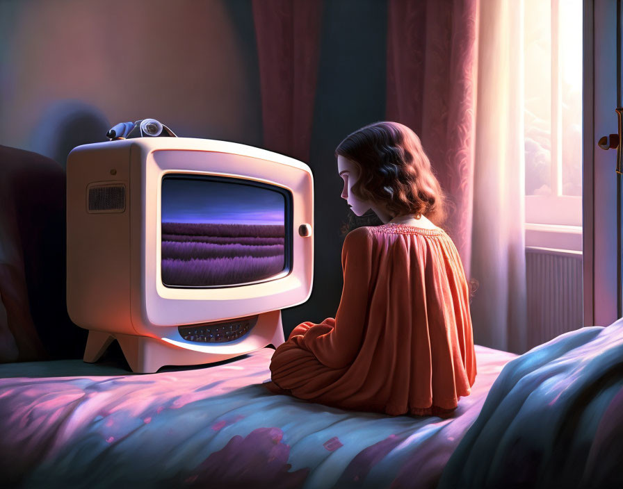Girl in red dress on bed with vintage TV and colorful static, window light.