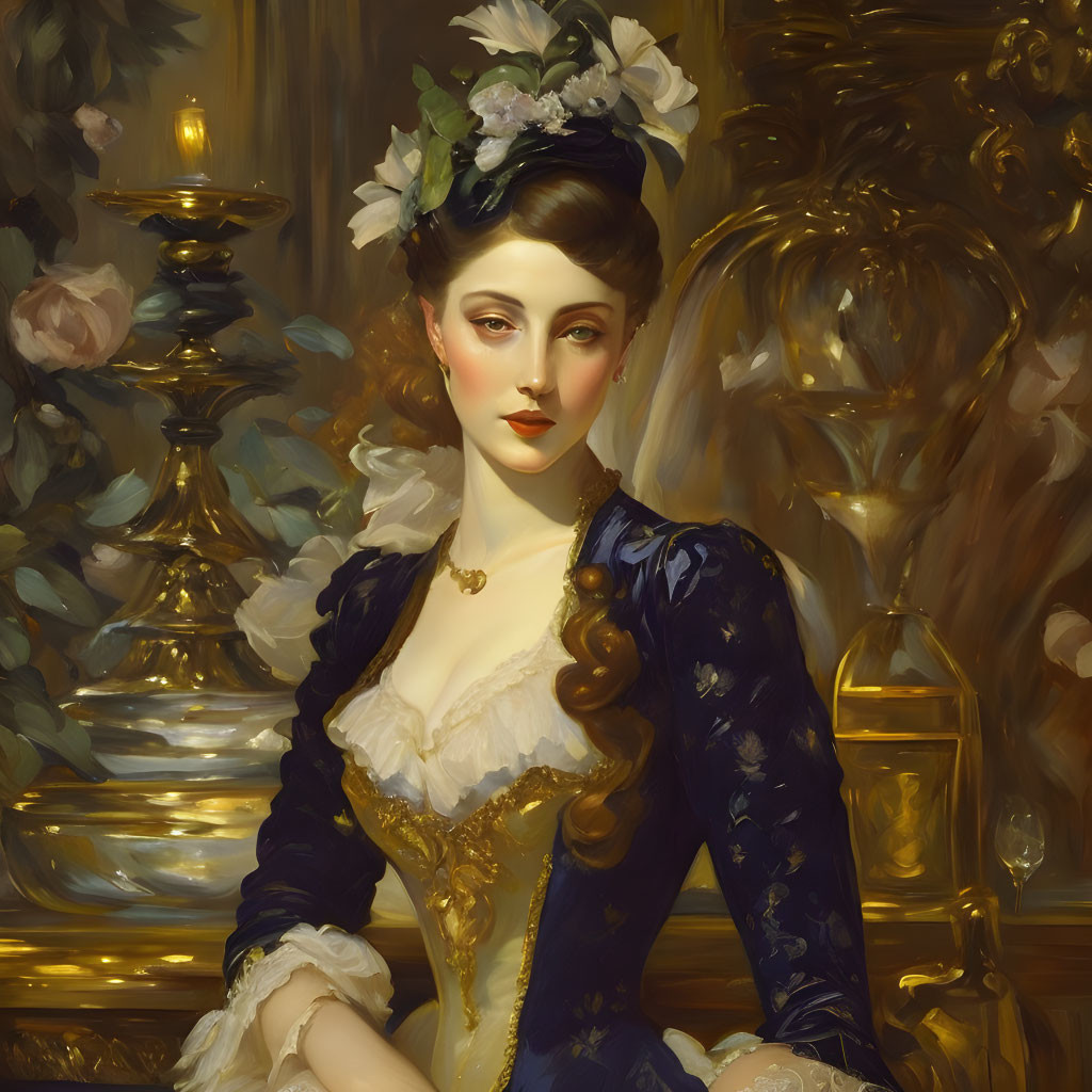 Portrait of Woman in Blue Dress with Floral Headpiece in Luxurious Room