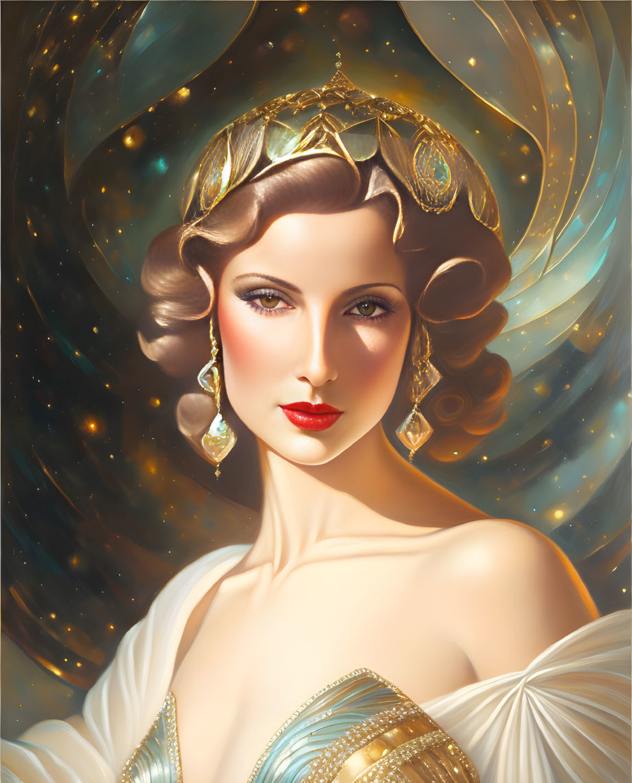 Illustrated woman with vintage hair and golden jewelry on cosmic backdrop