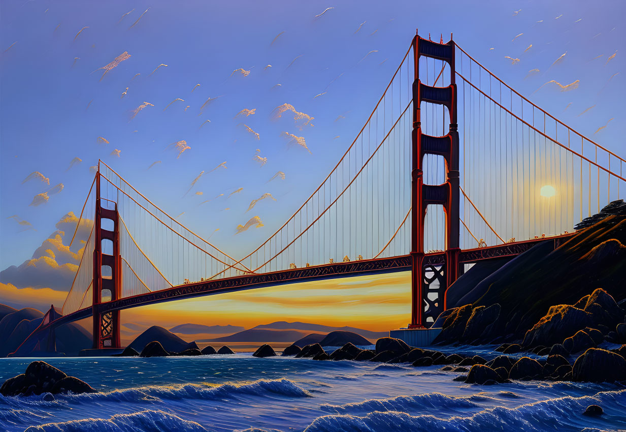 Sunset view of Golden Gate Bridge with birds, ocean waves, and rocky shore.
