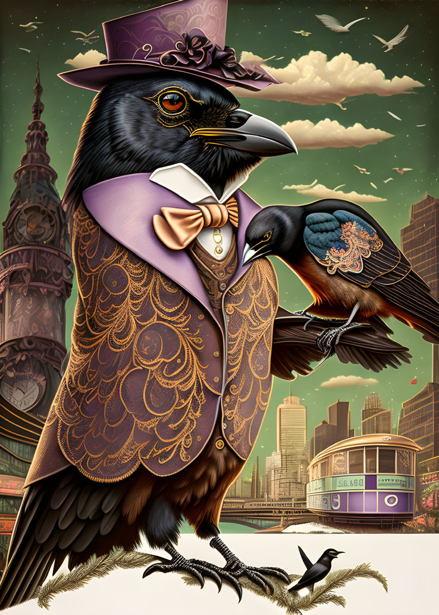 Anthropomorphic raven in Victorian attire with top hat and monocle, cityscape background