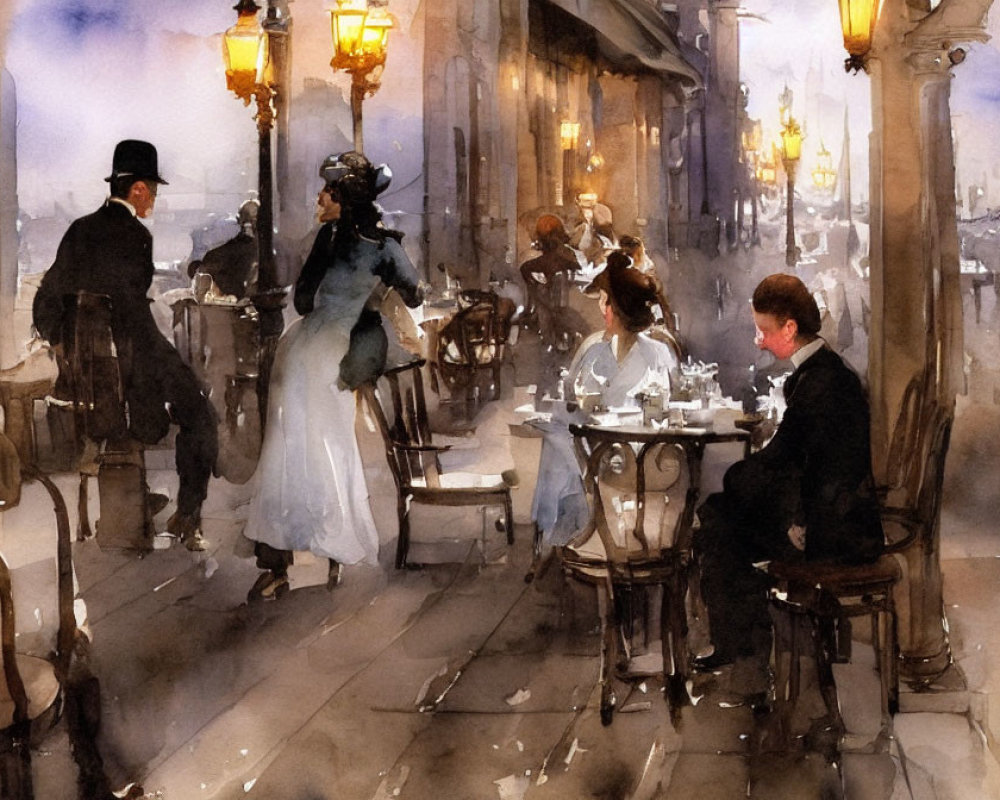 Elegant people socializing on a cafe terrace in a watercolor painting