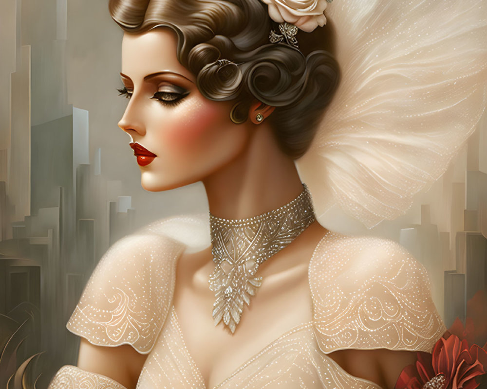 Illustration of woman with 1930s hairstyle, rose, beaded gown, jewelry, roses