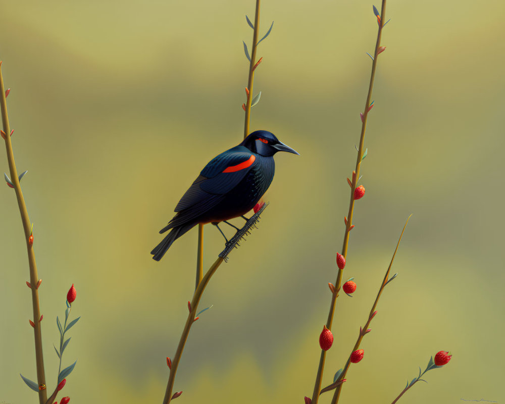 Vibrant black bird with blue and orange patches on branch with red berries and green leaves.