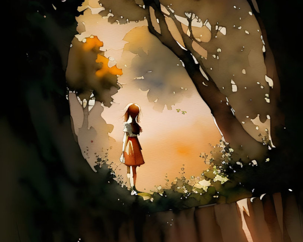 Stylized digital painting of girl in luminous forest clearing