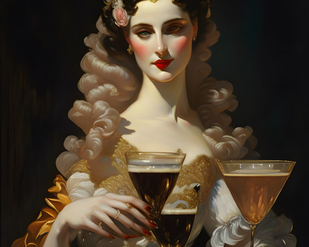 Pale-skinned woman with dark hair and red lips holding a golden chalice against a dark background