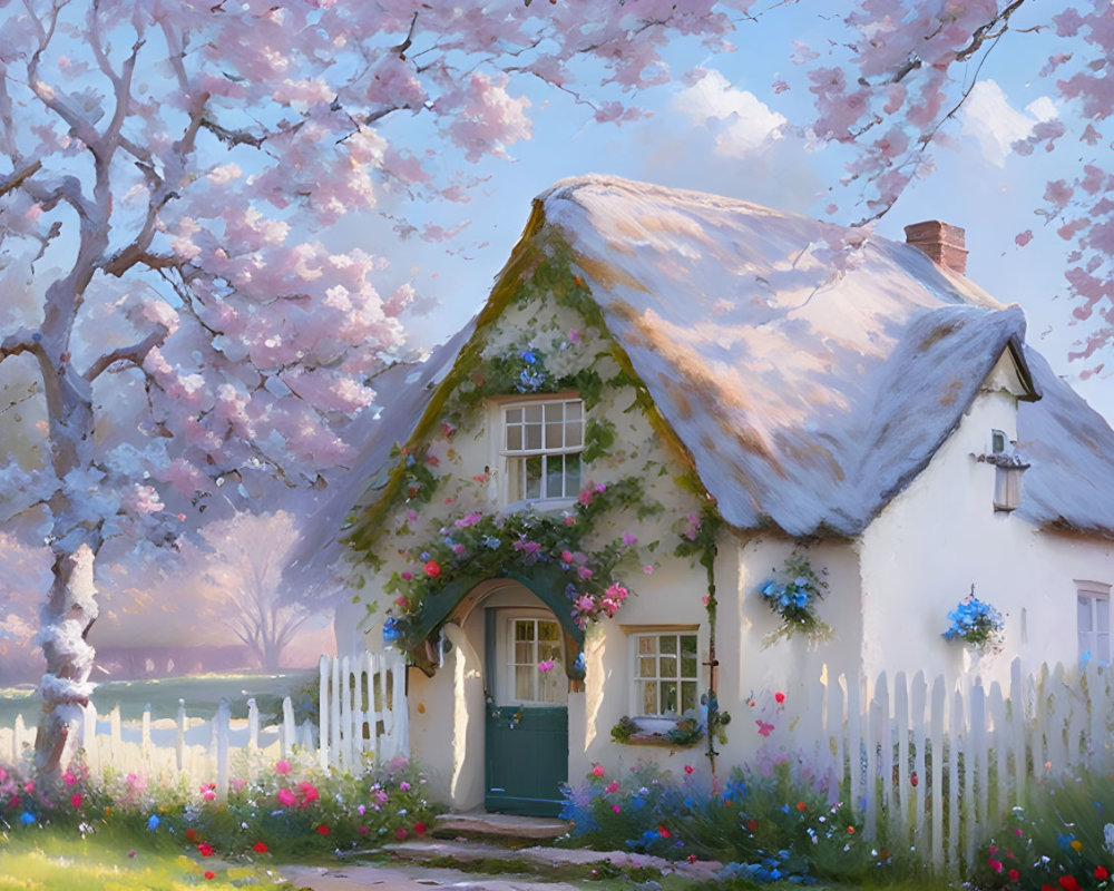 Thatched Roof Cottage Surrounded by Blooming Trees