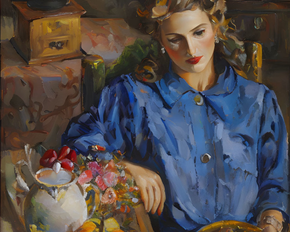 Vintage painting of woman in blue dress with fruits and flowers on table