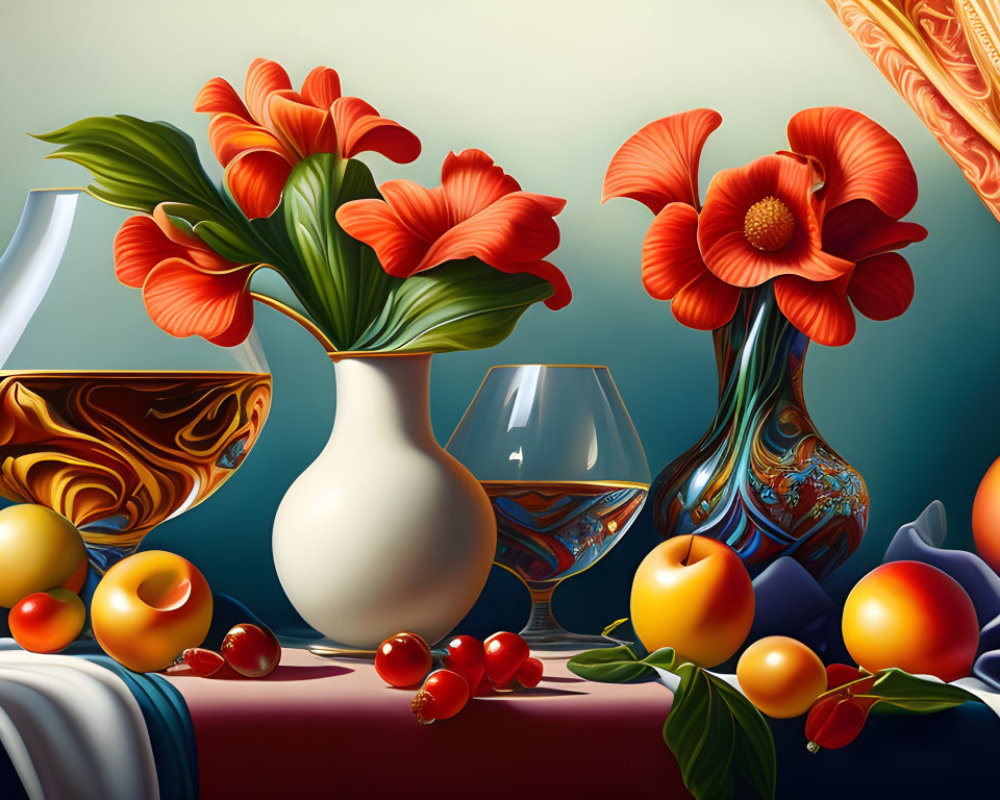 Vibrant red flowers, bowls, glassware, drapery, peaches, and cher
