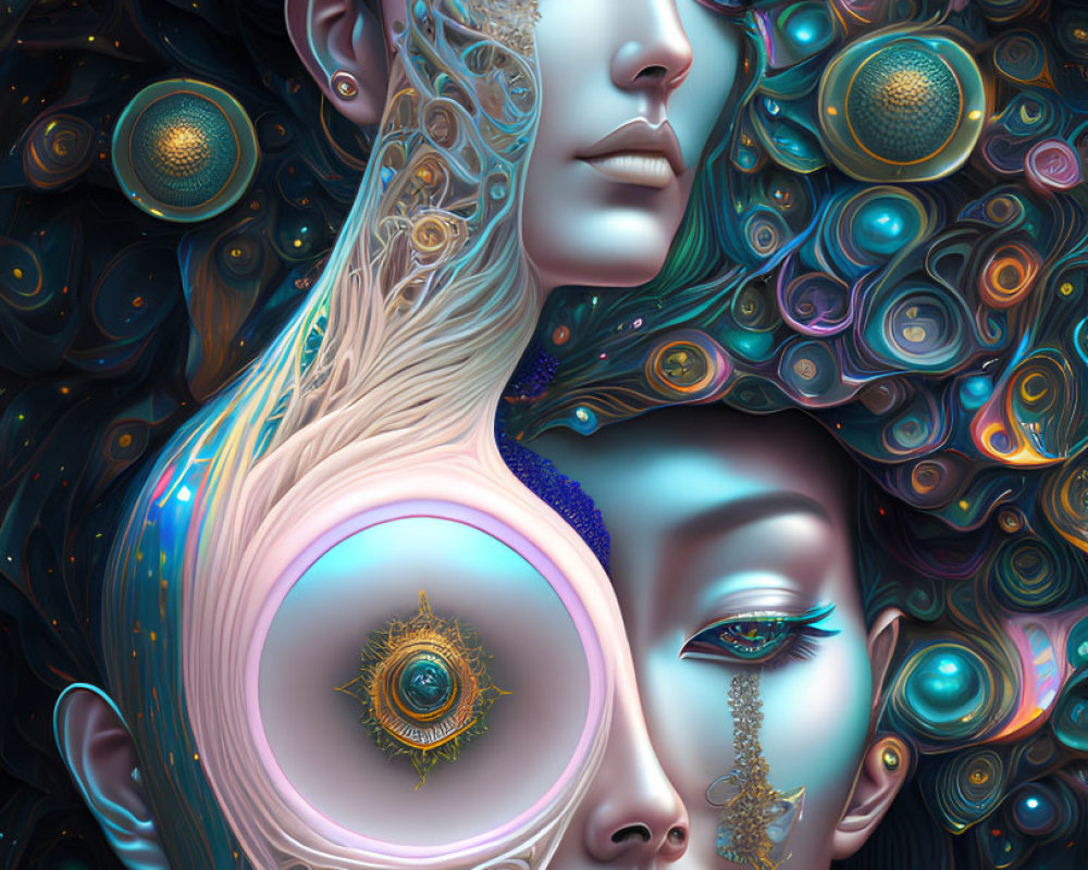 Vibrant surreal art: Two women with stylized features & intricate patterns