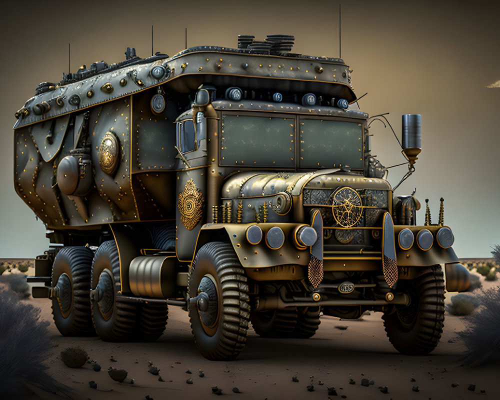Elaborate Steampunk-Style Vehicle in Desert Landscape