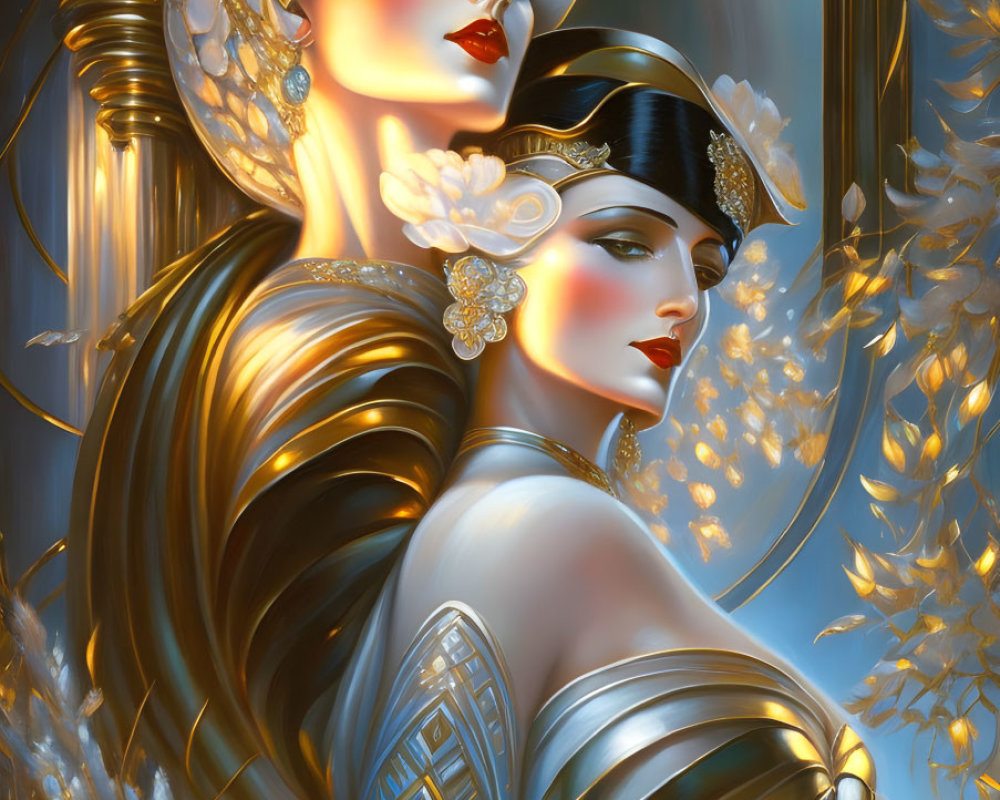 Art Deco Style Illustration of Two Women with Golden Headpieces