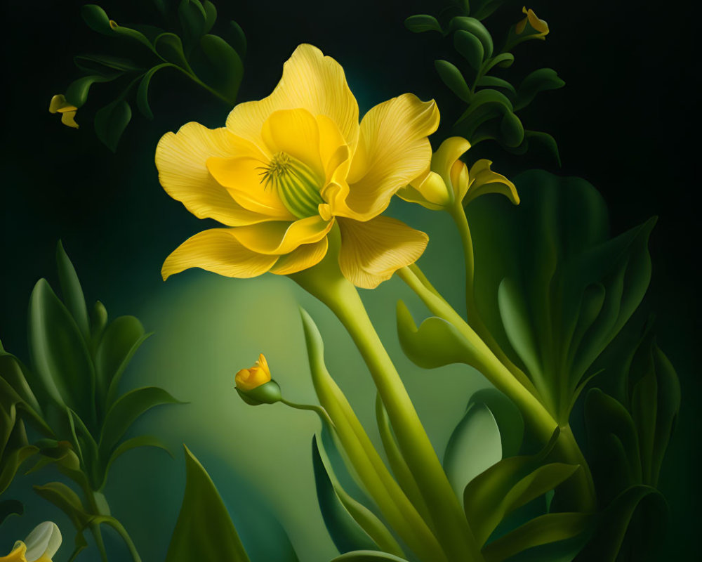 Vibrant digital painting of yellow flower with green leaves on dark background