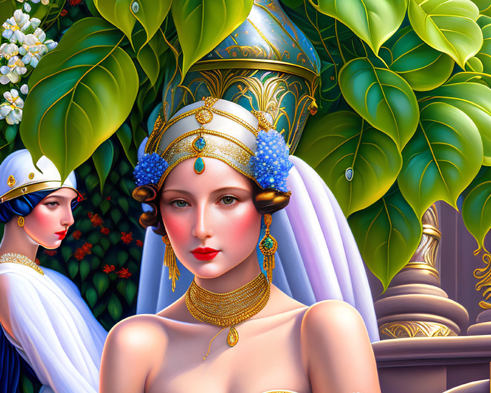 Digital painting of two women in ornate headdresses amidst lush greenery