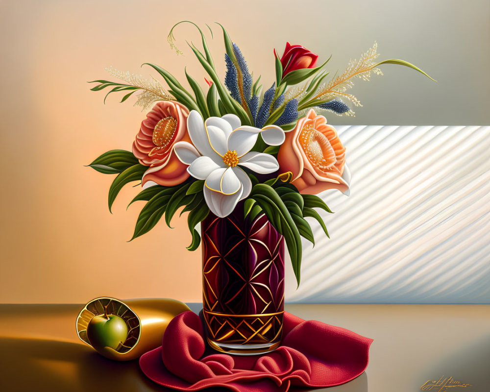Colorful bouquet with lilies and orange flowers in red vase, green apple, and fabric on reflective