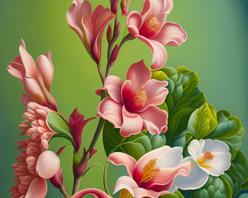 Digital Artwork: Pink Flowers and Buds on Gradient Green Background