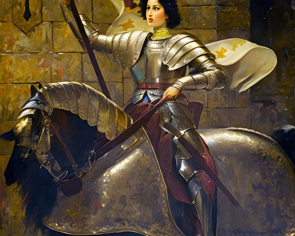 Woman in Armor on Horse Holding Flag, Sword & Shield Artwork Depicting Historic Figure