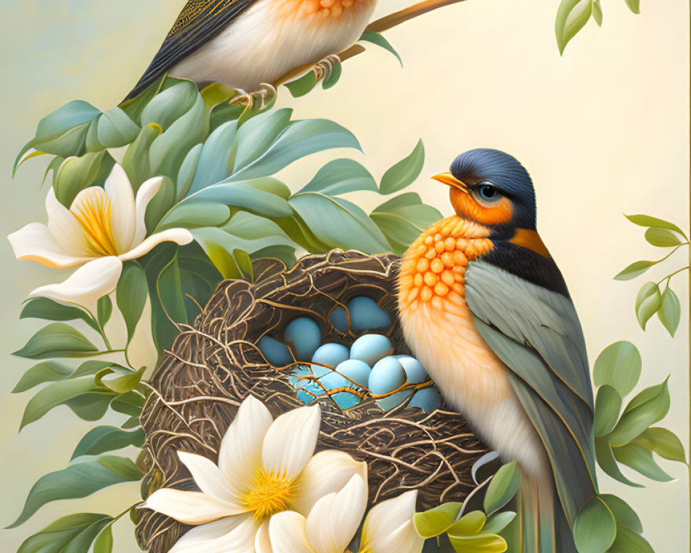 Colorful birds near nest with eggs in floral setting under sky