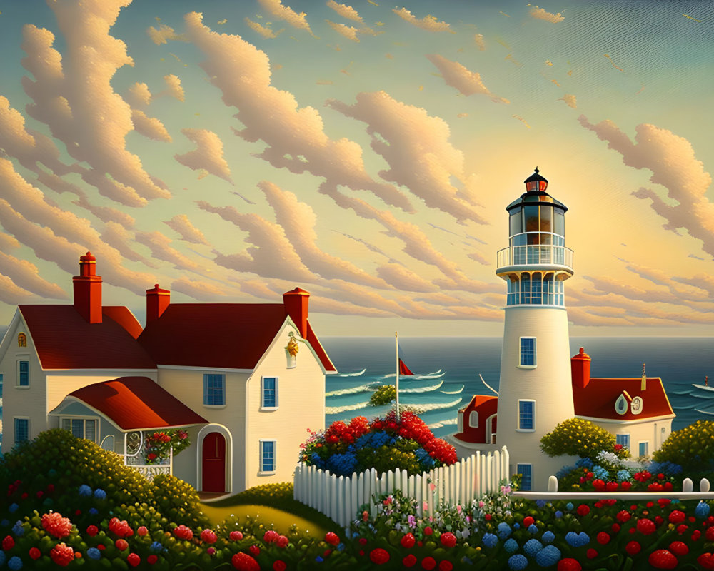Illustration of lighthouse, house, gardens, sky, and birds by the sea