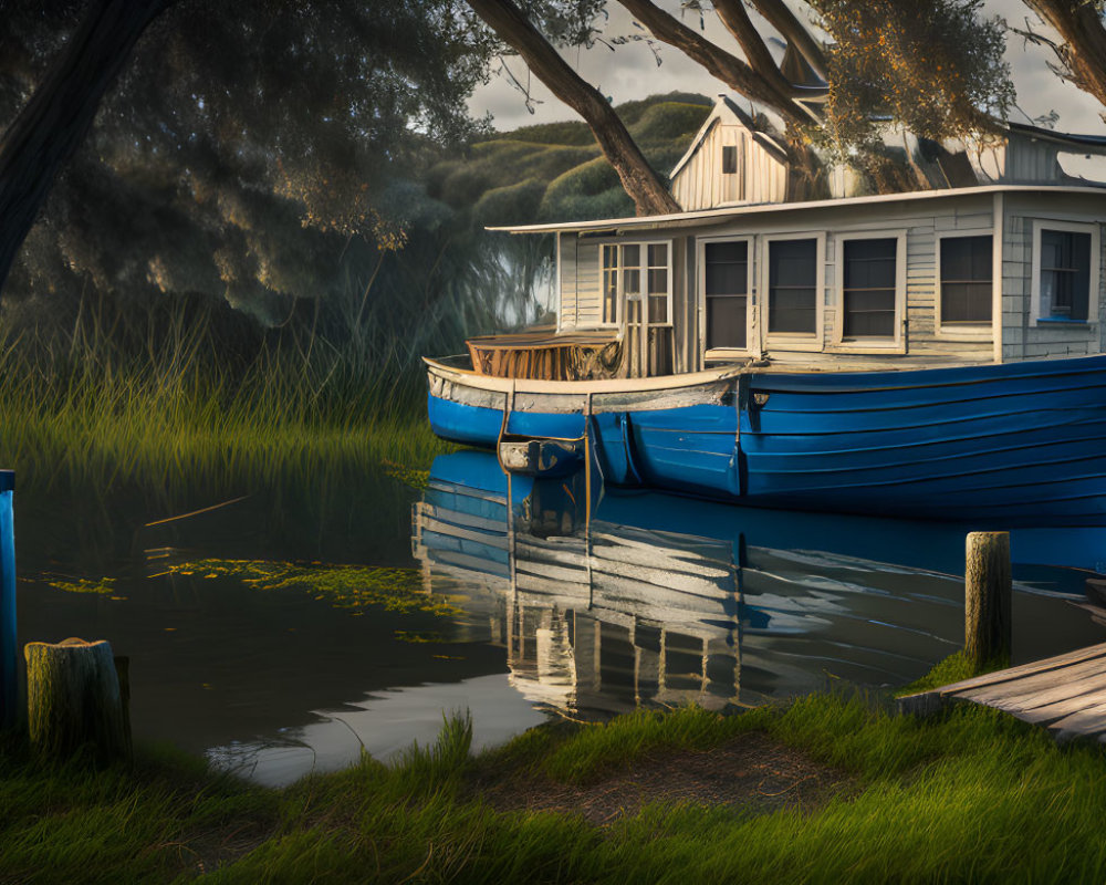 Tranquil Blue Boat Moored by Wooden Dock & White House in Greenery