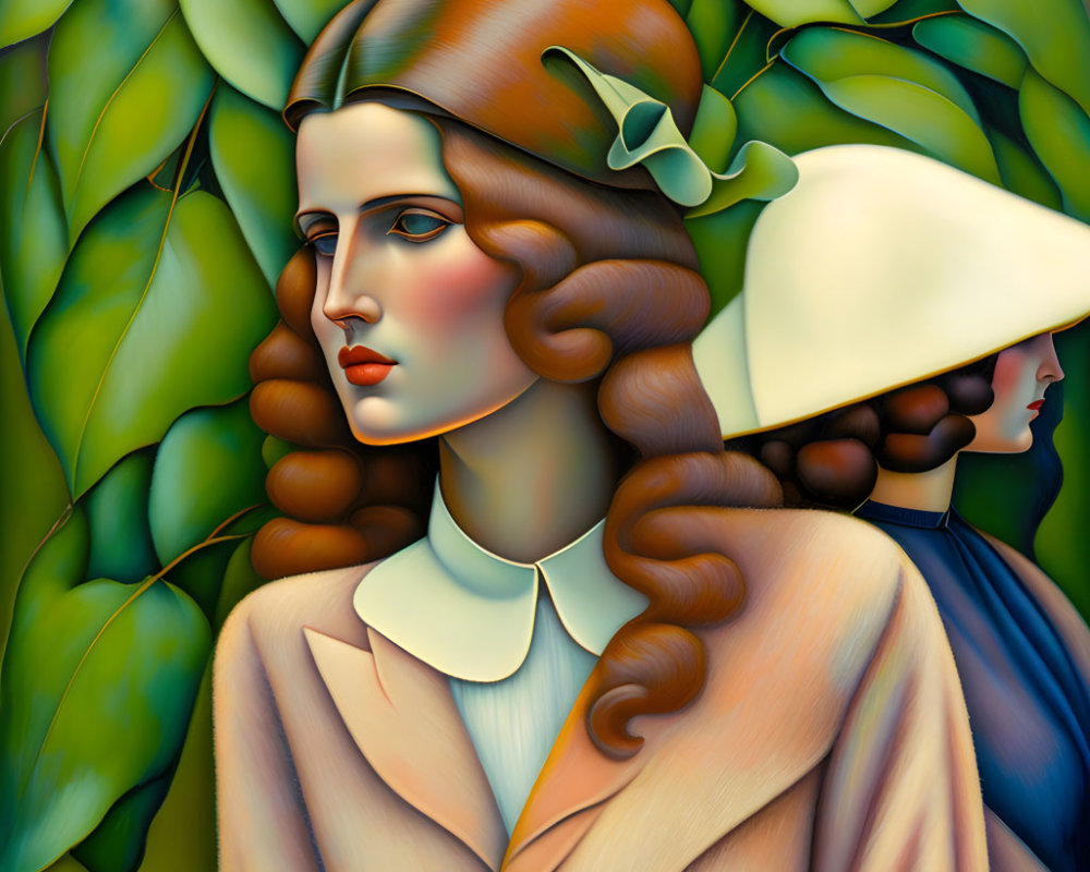 Stylized women in vintage attire with elongated features and wavy hair against leafy green backdrop