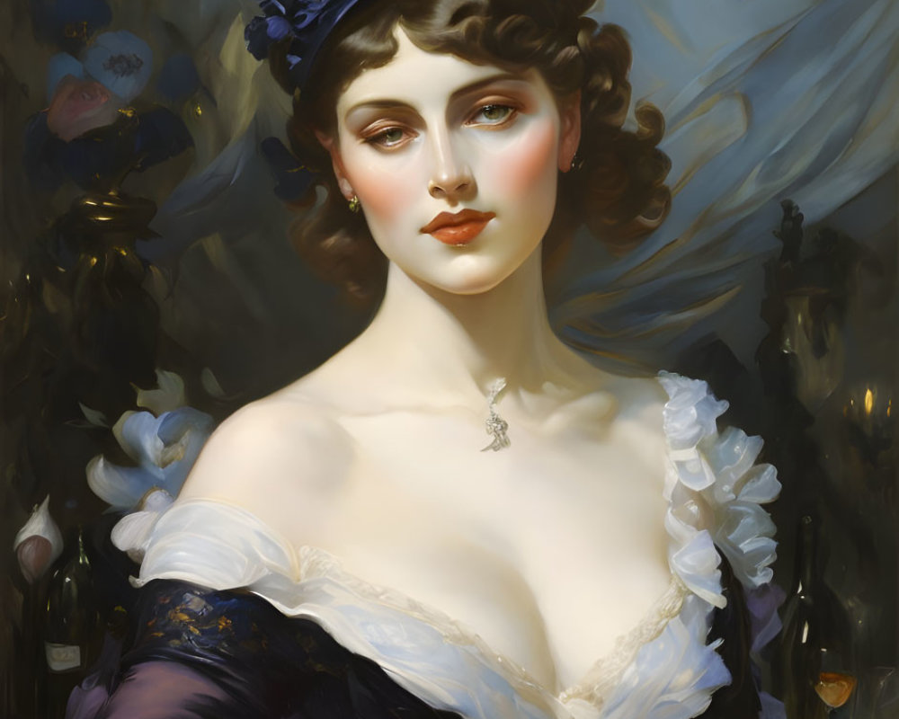 Elegant woman portrait in blue hat and dark dress