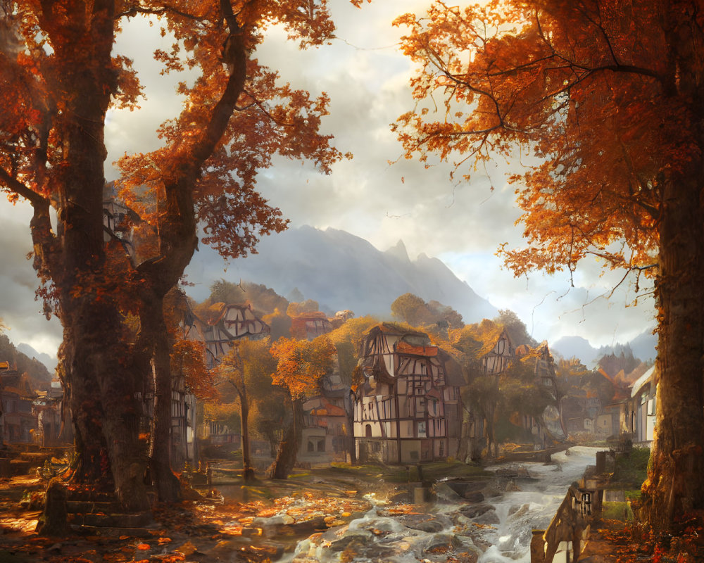 Vibrant autumn village with river and mountains