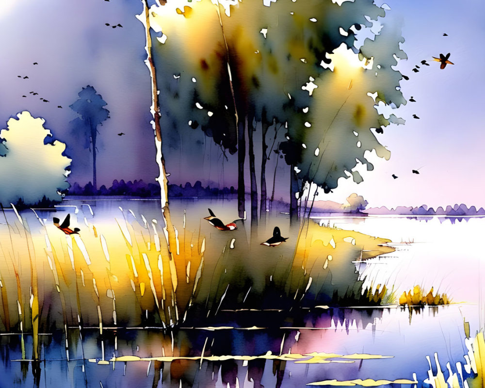 Serene lakeside scene with trees, birds, and tall grasses in vibrant watercolor.