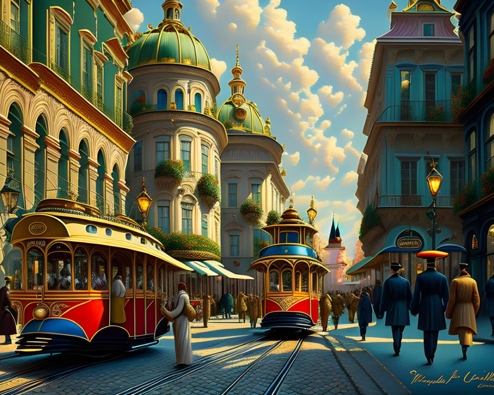 Colorful street scene with ornate buildings, vintage attire, and sunny sky.